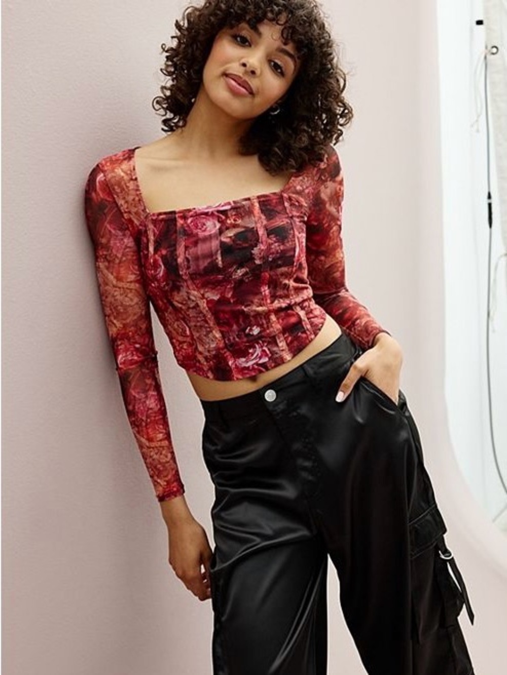 Madden Girl Long Sleeve Floral Mesh Corset Top Small Y2K 90's Feminine Romantic